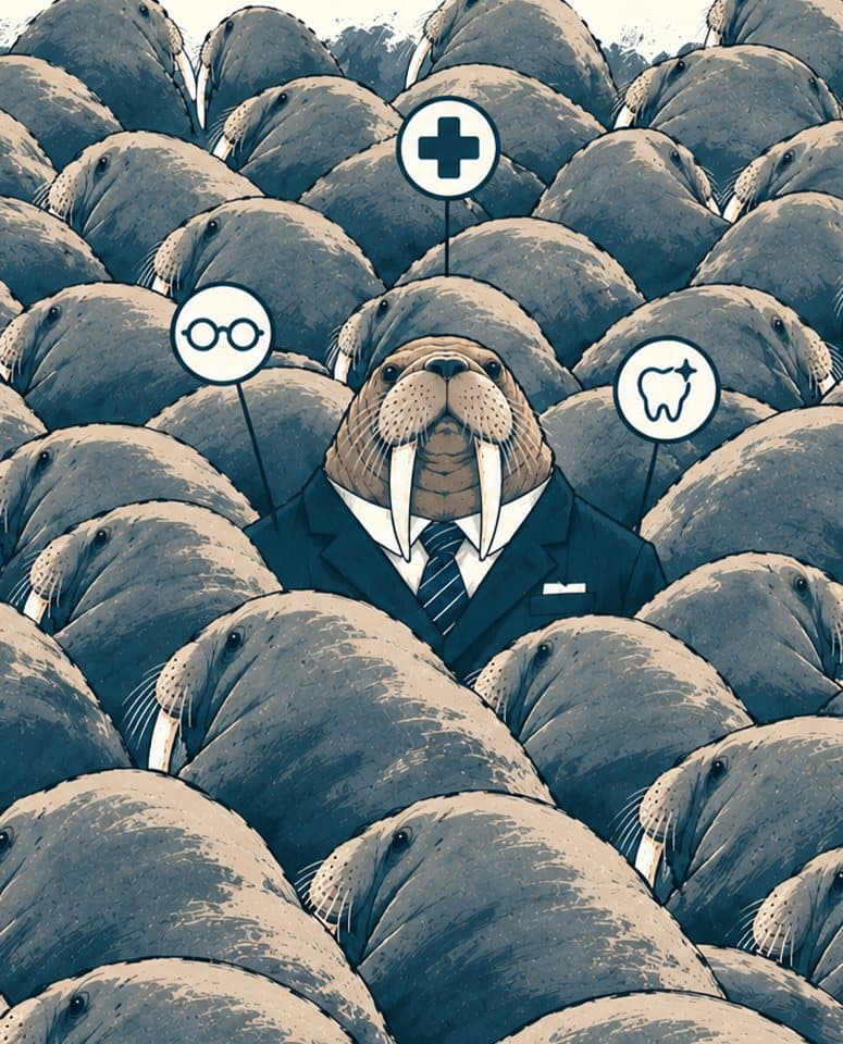 A walrus in a suit stands out from a crowd of walruses, holding up signs for health, vision and dental coverage